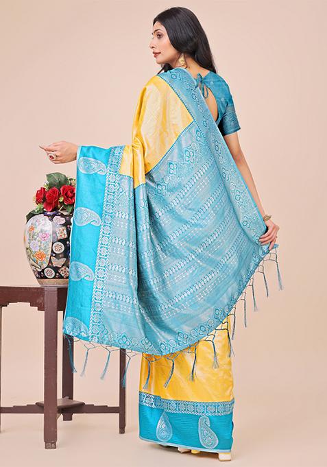 Teal Blue Printed Silk Saree Set