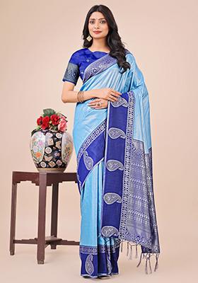 Blue Printed Silk Saree  Set