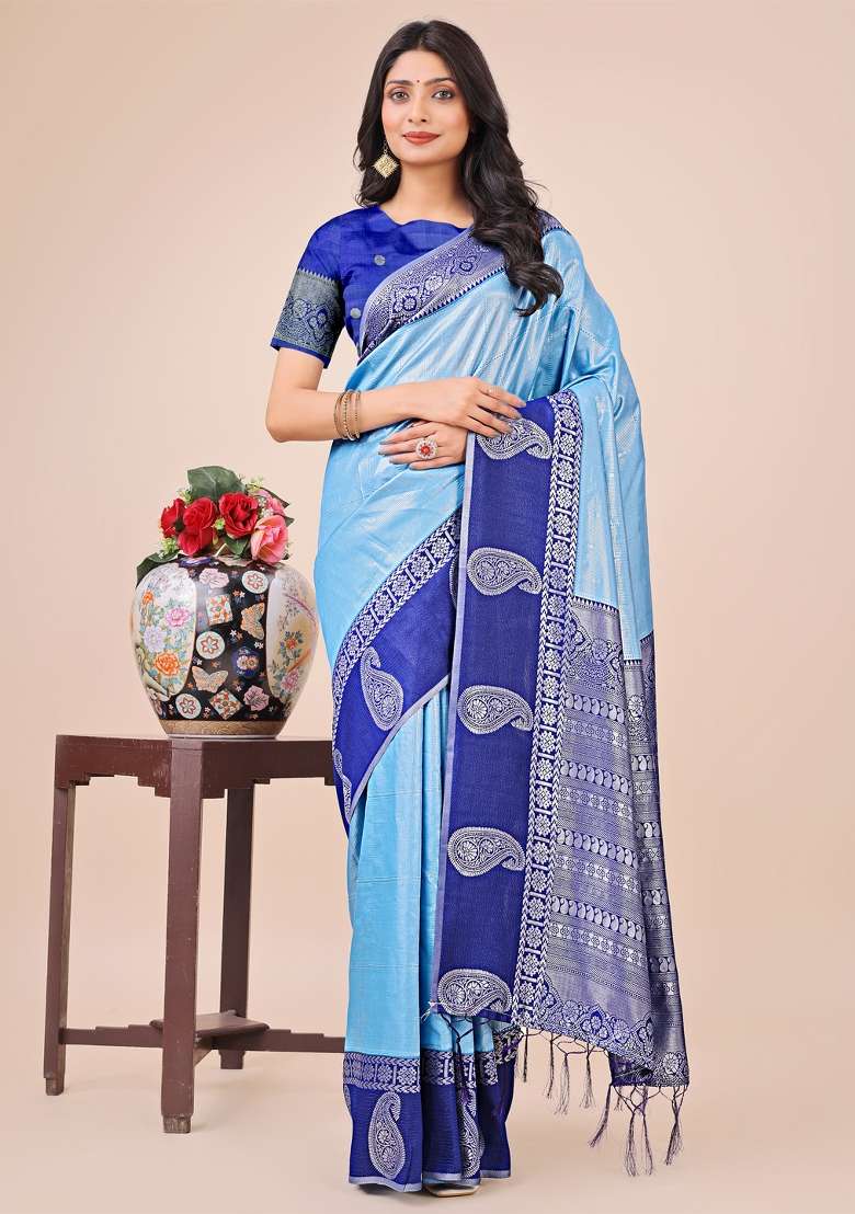 Blue Printed Silk Saree  Set - Indya