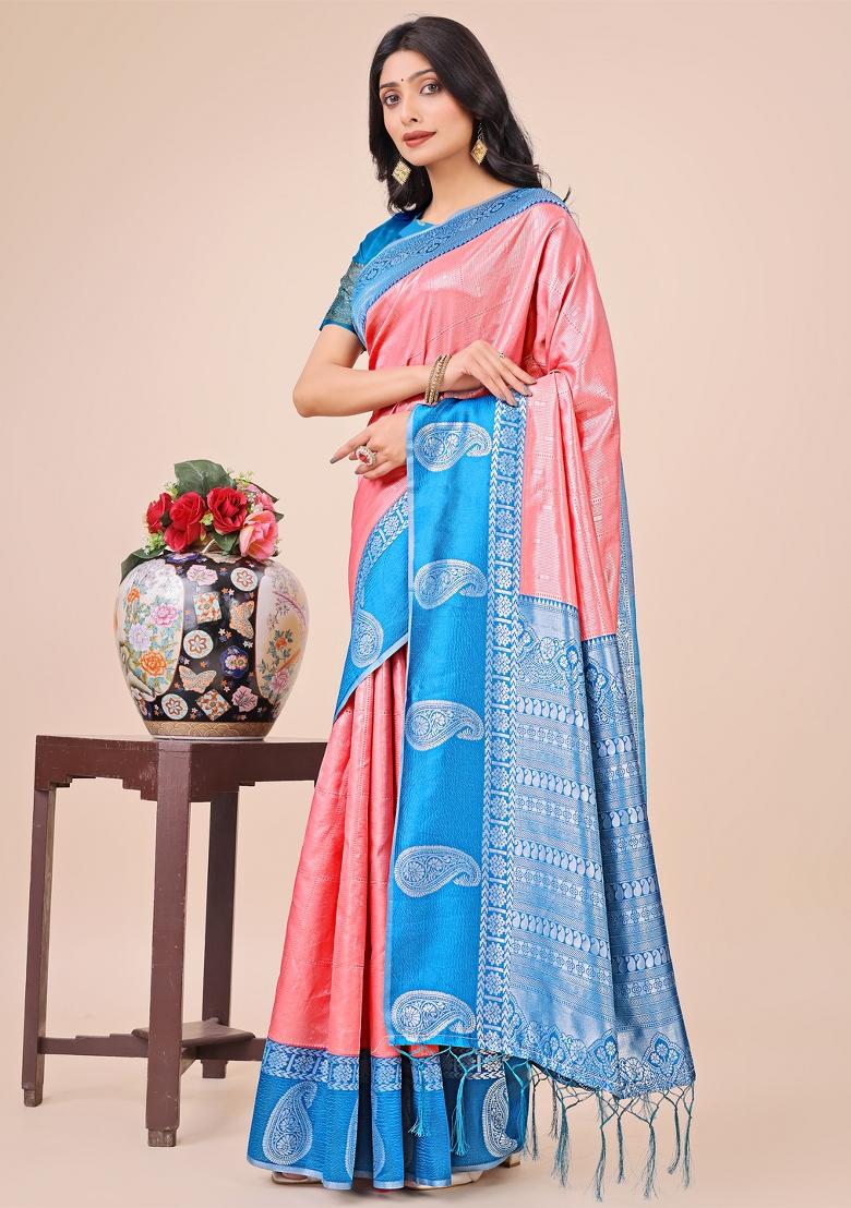 Sky Blue Printed Silk Saree  Set
