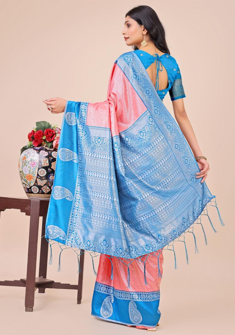 Sky Blue Printed Silk Saree Set