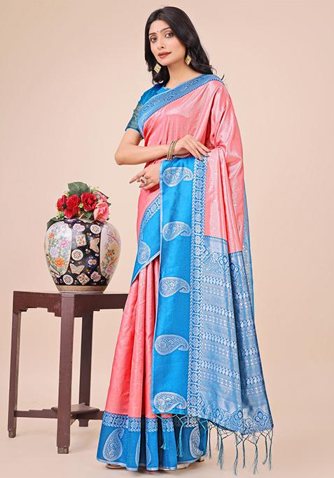 Sky Blue Printed Silk Saree Set