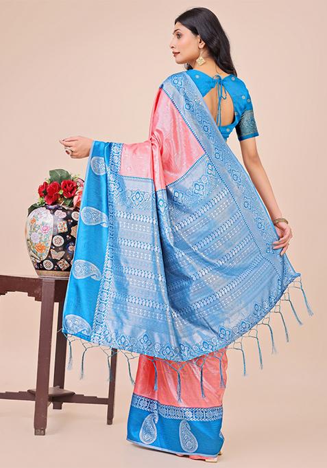 Sky Blue Printed Silk Saree Set
