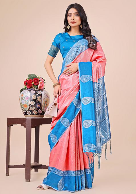 Sky Blue Printed Silk Saree Set