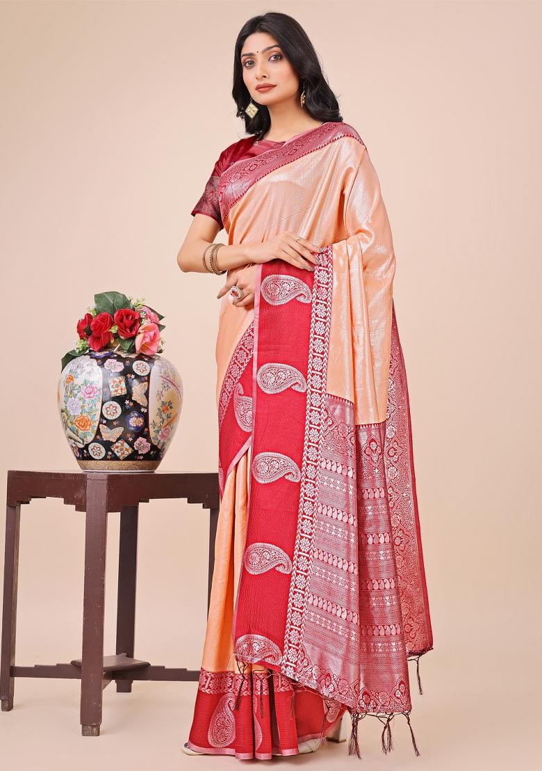 Red Printed Silk Saree  Set