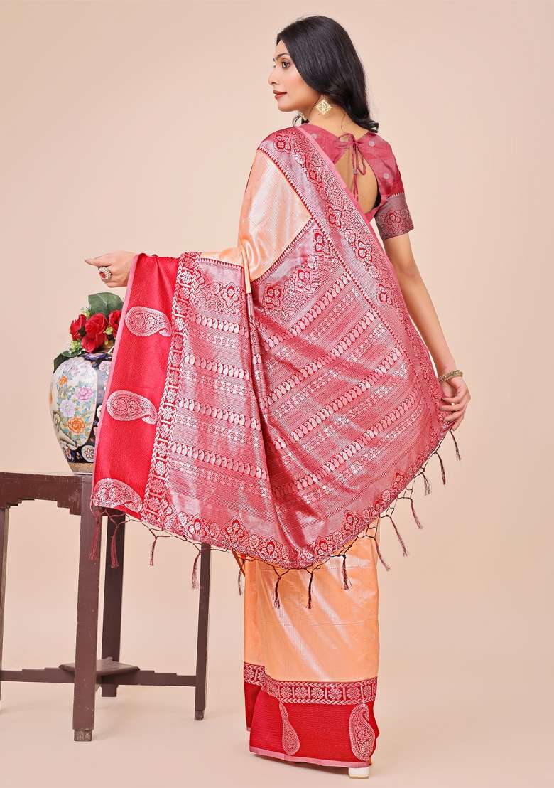 Red Printed Silk Saree  Set - Indya