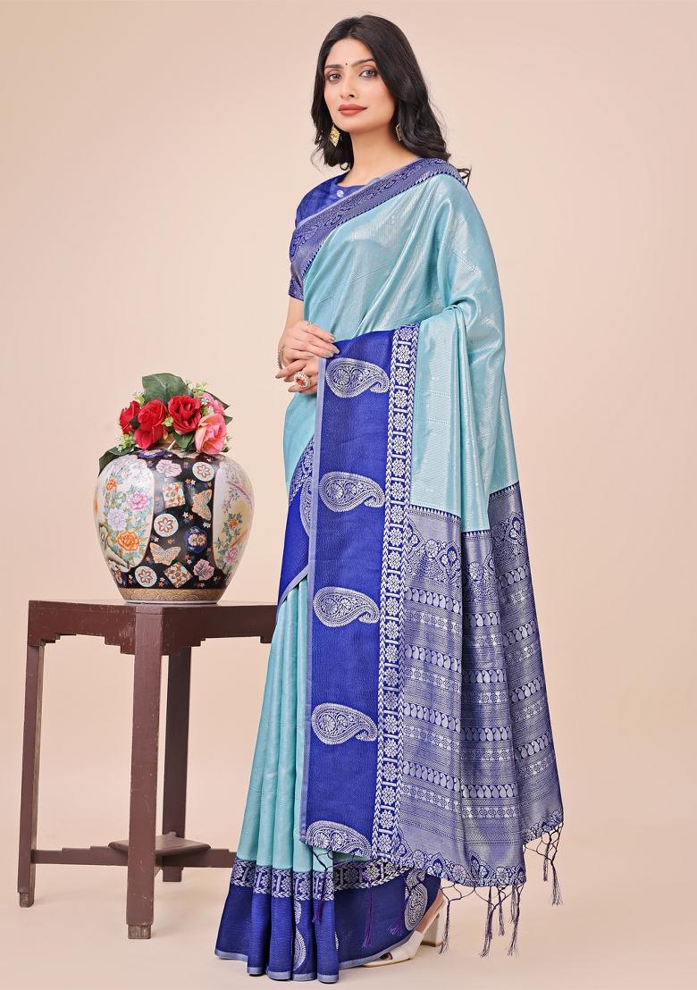 Blue Printed Silk Saree  Set