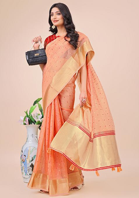 Red Embroidered Organza Saree Set