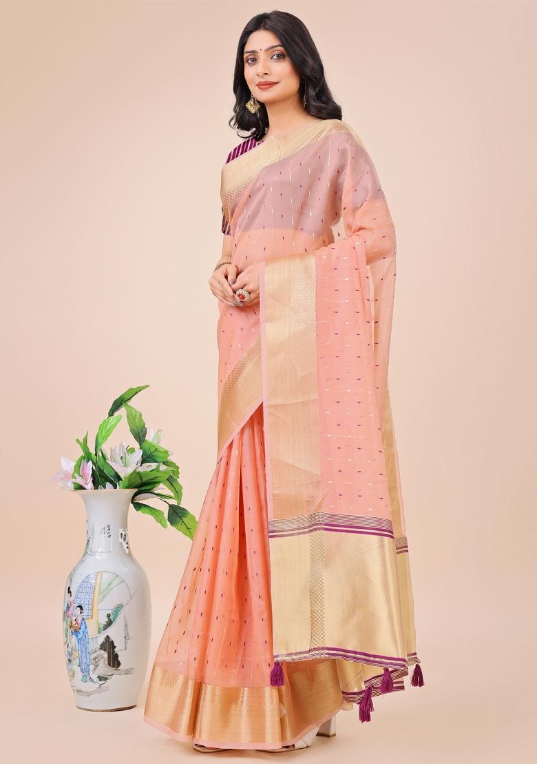 Brown Embroidered Organza Saree  Set