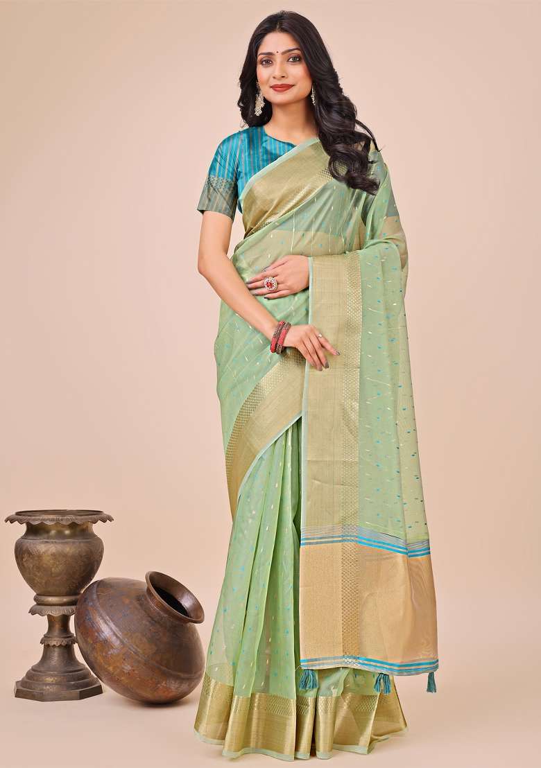 Sky Blue Embroidered Organza Saree  Set - Indya