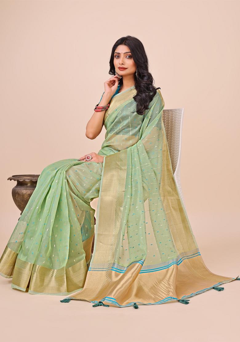 Sky Blue Embroidered Organza Saree  Set