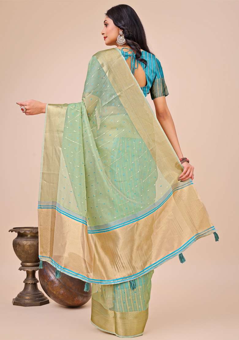 Sky Blue Embroidered Organza Saree  Set - Indya