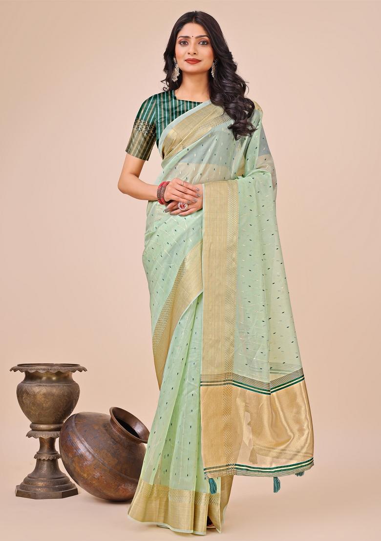Green Embroidered Organza Saree Set