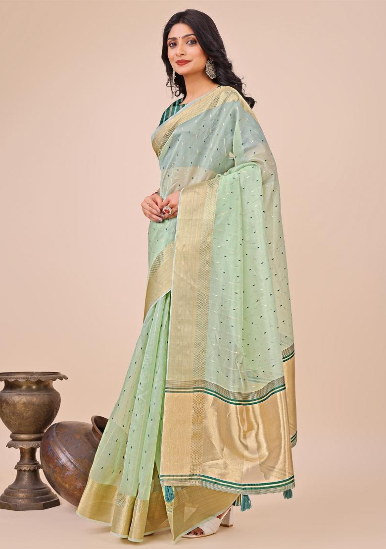 Green Embroidered Organza Saree  Set