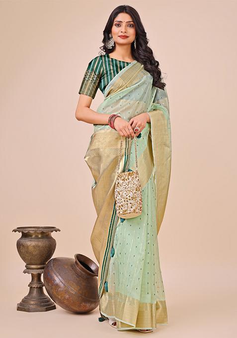 Green Embroidered Organza Saree Set