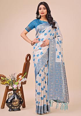Sky Blue Embroidered Linen Cotton Saree  Set