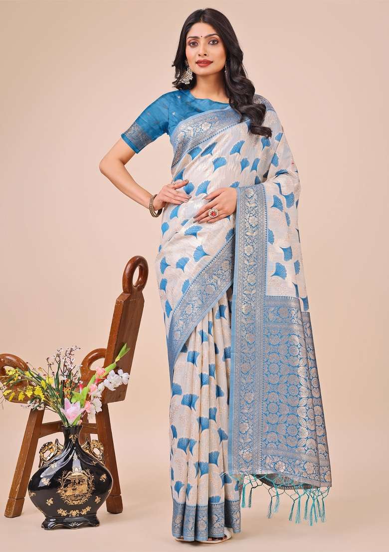 Sky Blue Embroidered Linen Cotton Saree  Set - Indya