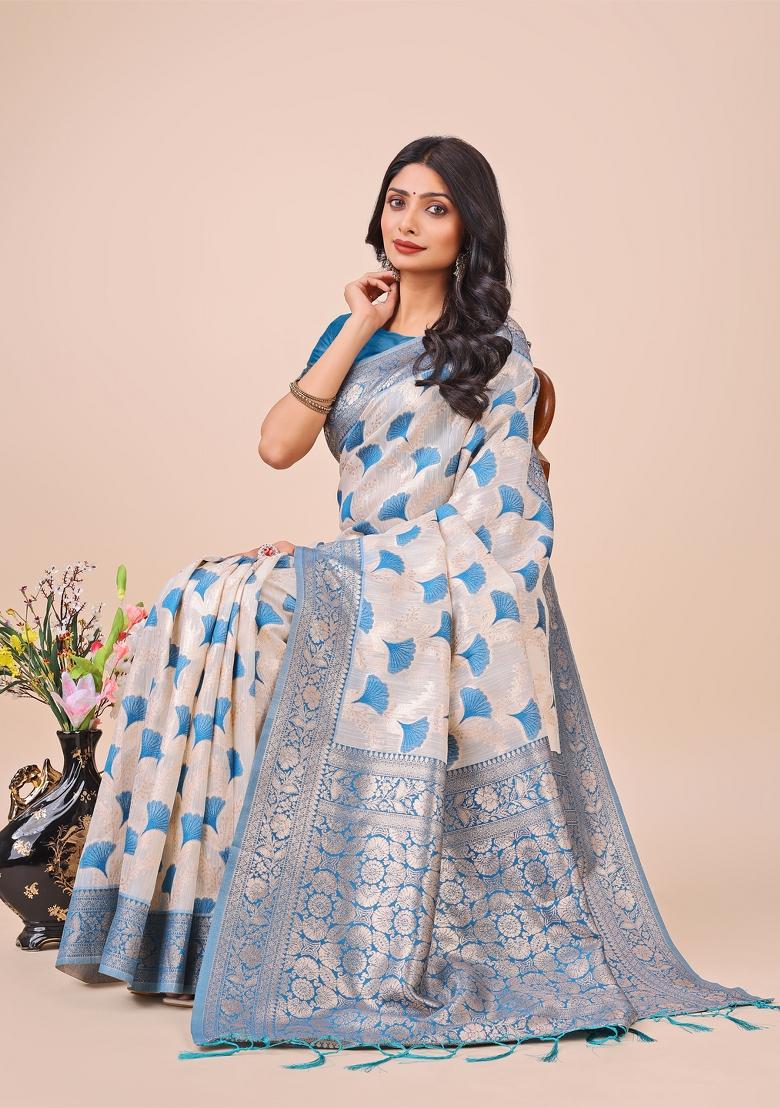 Sky Blue Embroidered Linen Cotton Saree  Set