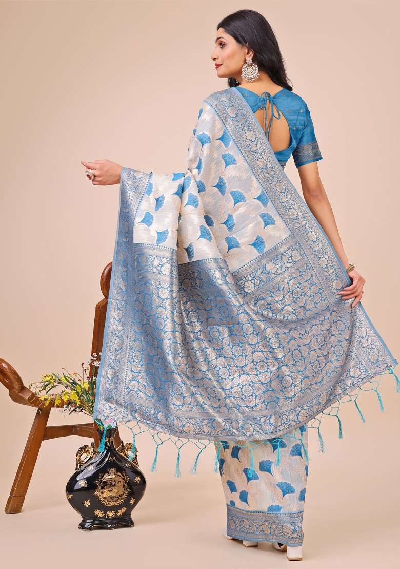 Sky Blue Embroidered Linen Cotton Saree  Set - Indya