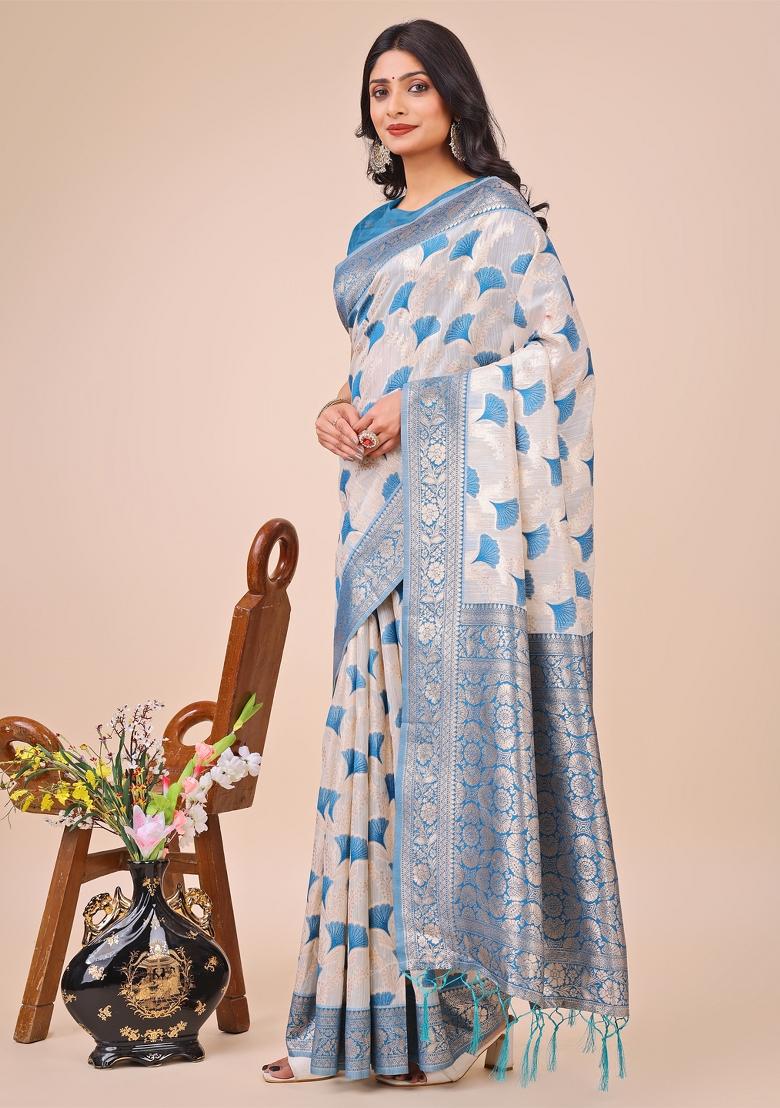 Sky Blue Embroidered Linen Cotton Saree  Set