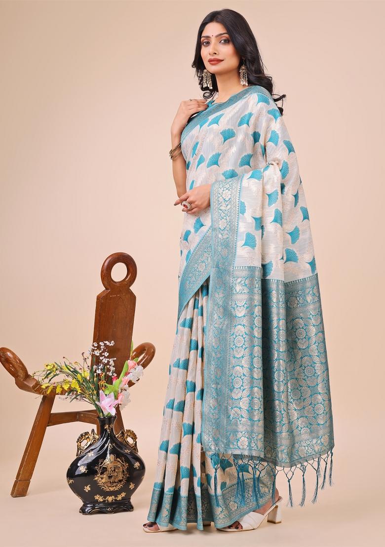 Teal Blue Embroidered Linen Cotton Saree  Set