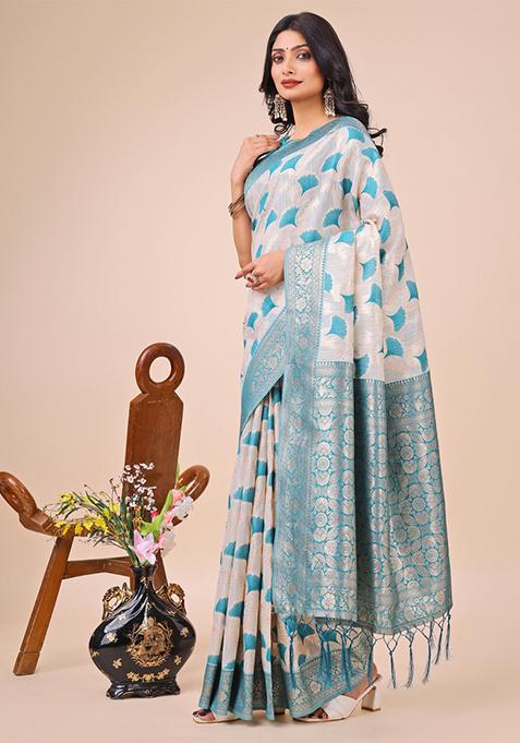 Teal Blue Embroidered Linen Cotton Saree Set