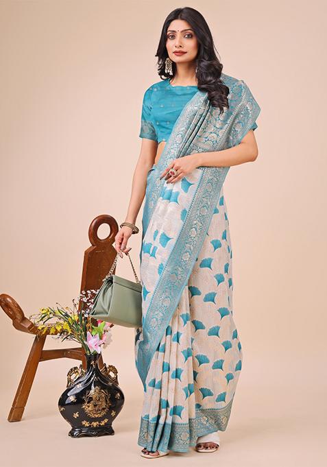Teal Blue Embroidered Linen Cotton Saree Set