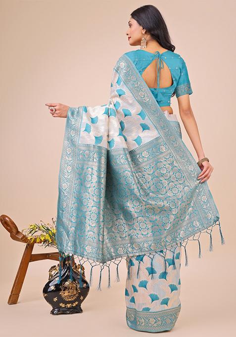 Teal Blue Embroidered Linen Cotton Saree Set