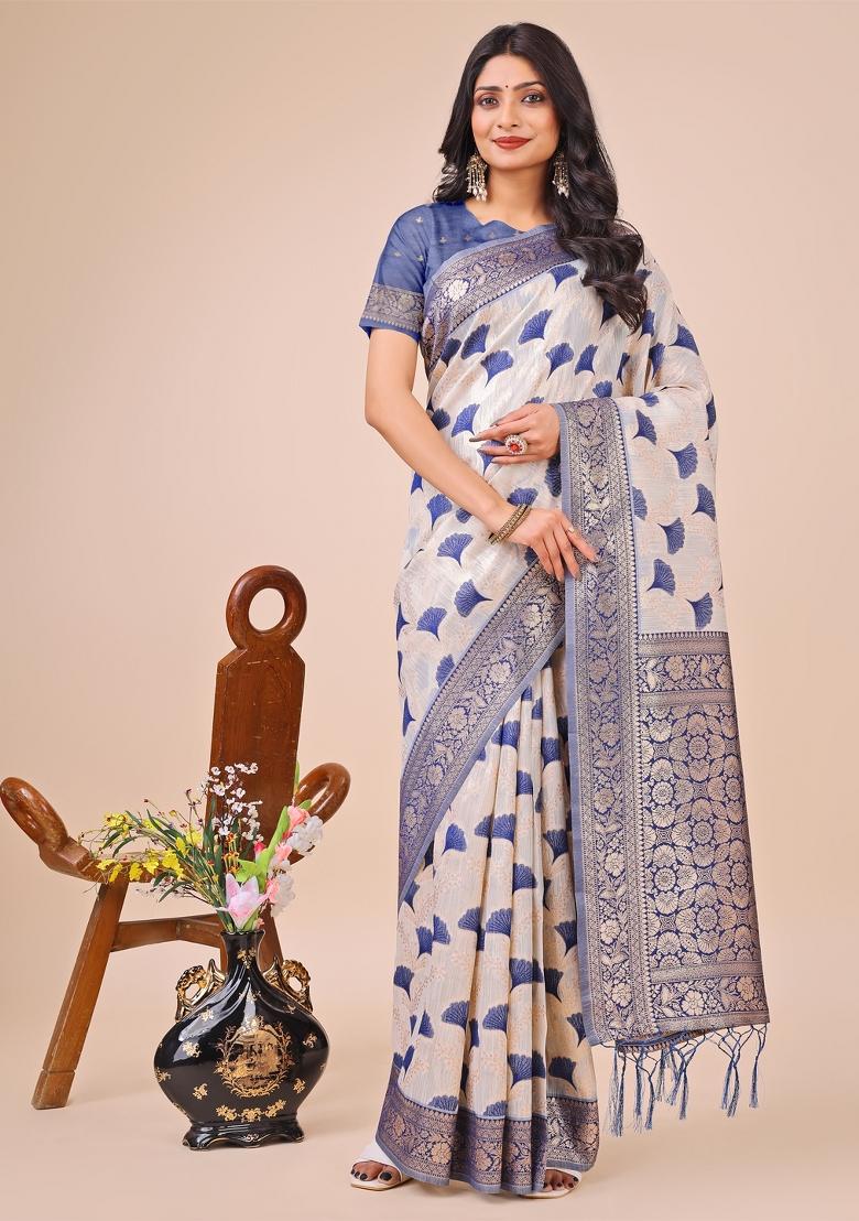 Blue Embroidered Linen Cotton Saree Set