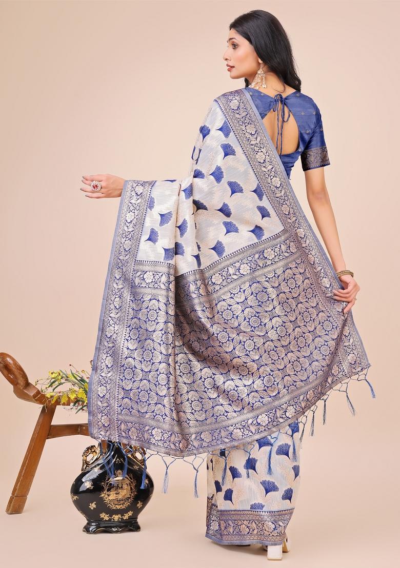 Blue Embroidered Linen Cotton Saree Set