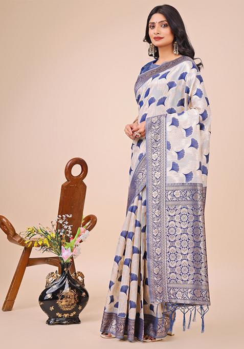 Blue Embroidered Linen Cotton Saree Set