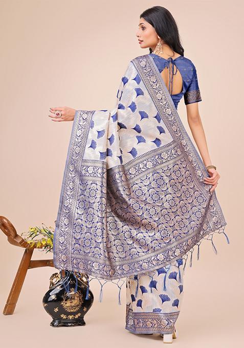 Blue Embroidered Linen Cotton Saree Set