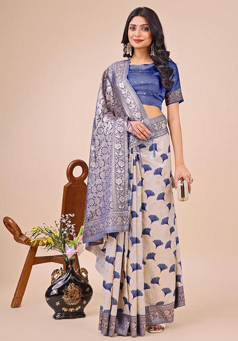 Blue Embroidered Linen Cotton Saree Set