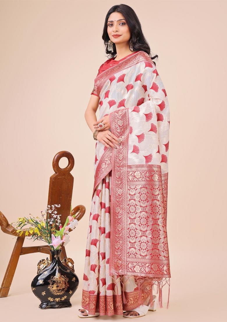 Maroon Embroidered Linen Cotton Saree  Set