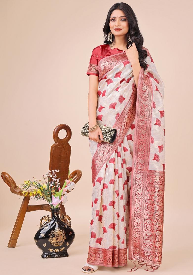 Maroon Embroidered Linen Cotton Saree  Set
