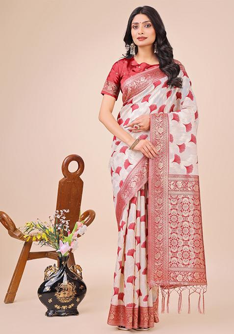 Maroon Embroidered Linen Cotton Saree  Set