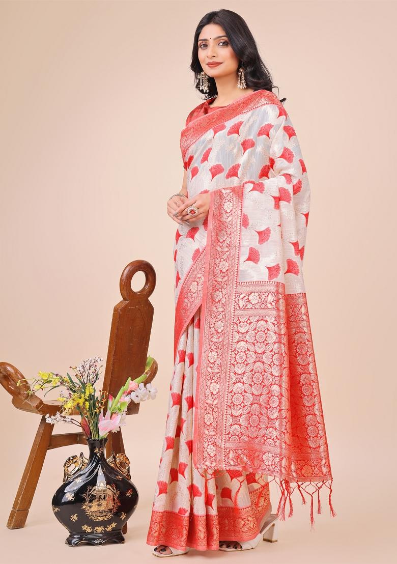 Red Embroidered Linen Cotton Saree  Set