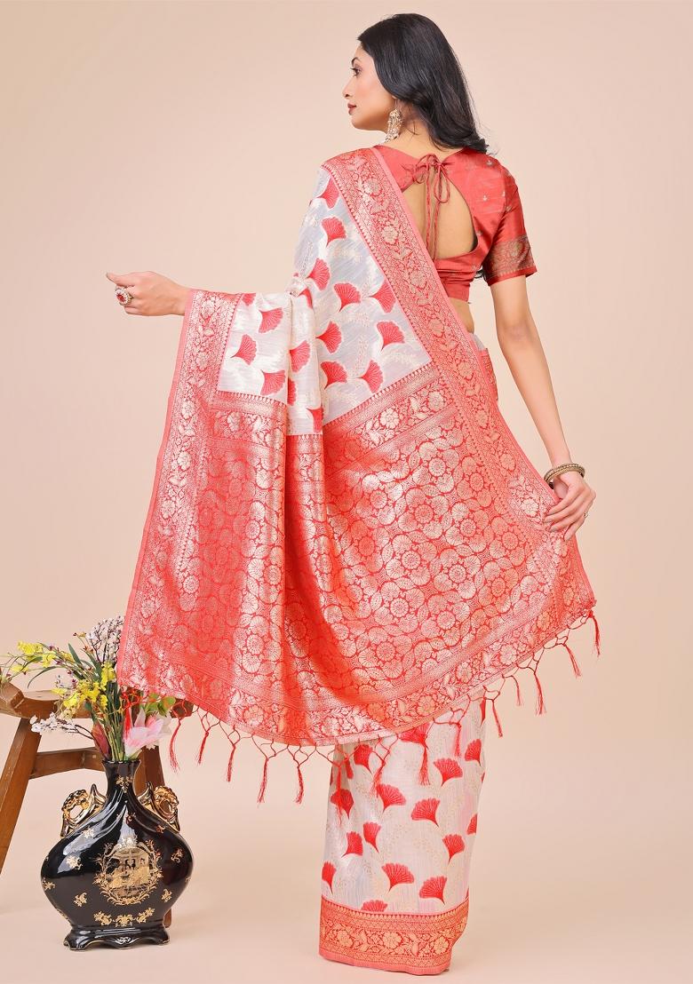 Red Embroidered Linen Cotton Saree Set