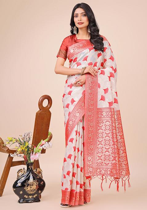 Red Embroidered Linen Cotton Saree  Set