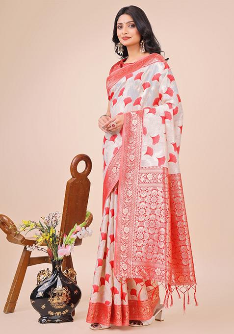 Red Embroidered Linen Cotton Saree Set