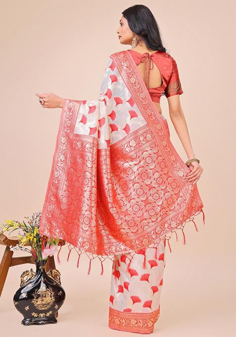 Red Embroidered Linen Cotton Saree Set