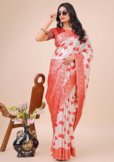 Red Embroidered Linen Cotton Saree Set