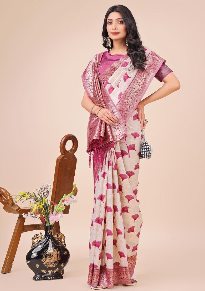 Magenta Embroidered Linen Cotton Saree  Set