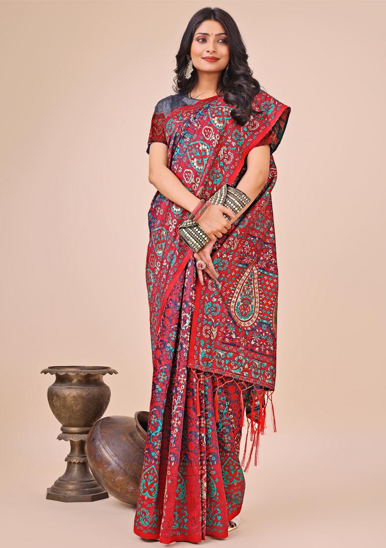 Blue Embroidered Cotton Saree  Set