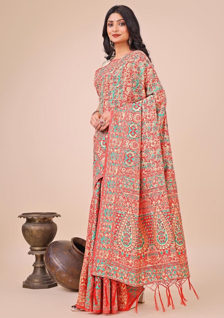 Cream Embroidered Cotton Saree  Set