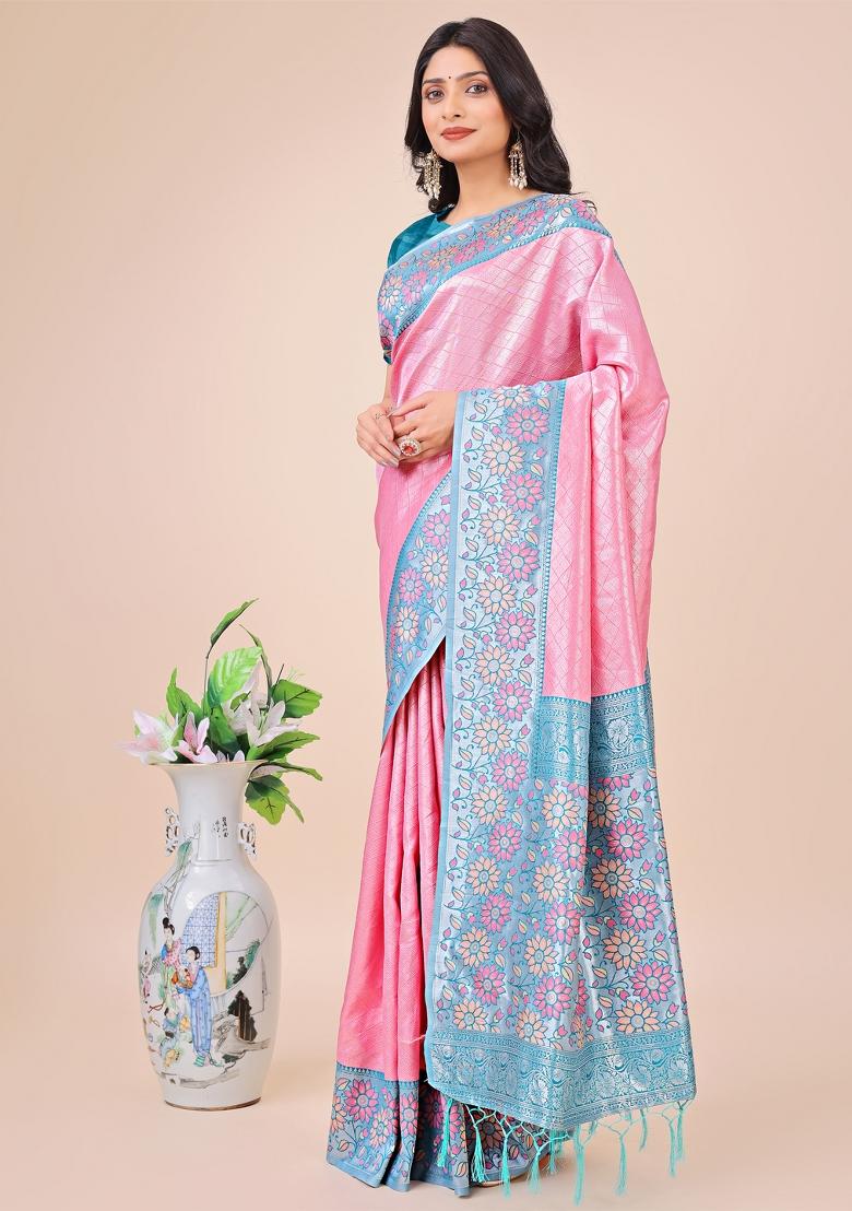 Sky Blue Embroidered Silk Saree  Set