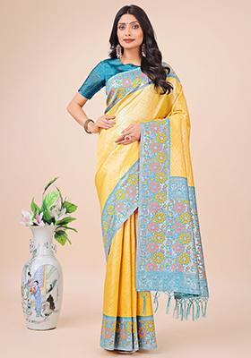 Sky Blue Embroidered Silk Saree  Set