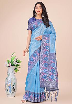 Blue Embroidered Silk Saree  Set