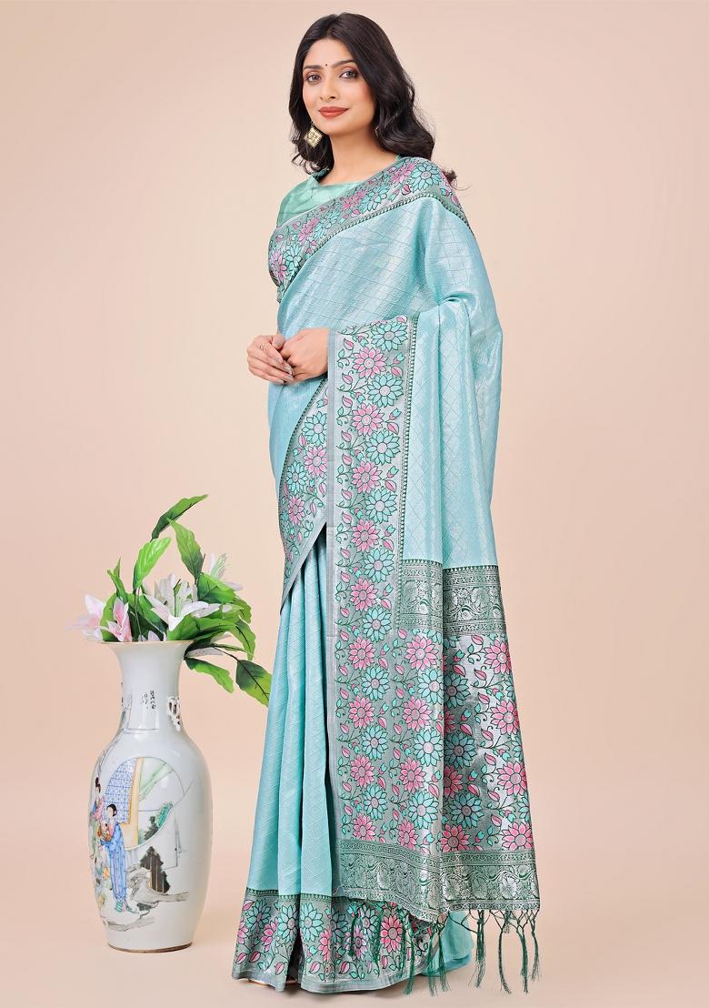 Light Green Embroidered Silk Saree  Set