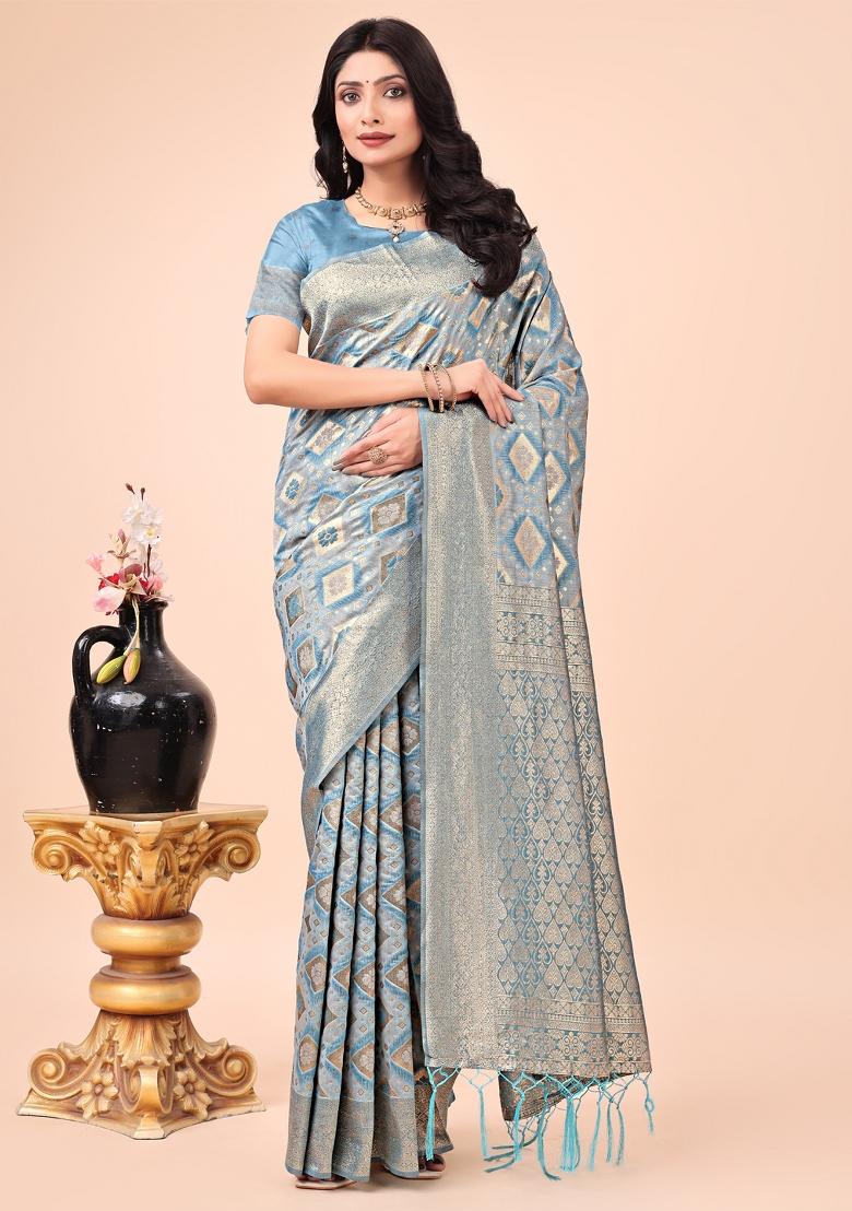 Sky Blue Embroidered Cotton Saree  Set
